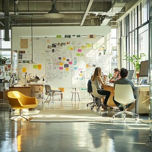 Team working in a sunlit modern office with a large white brainstorming board and lush plants.